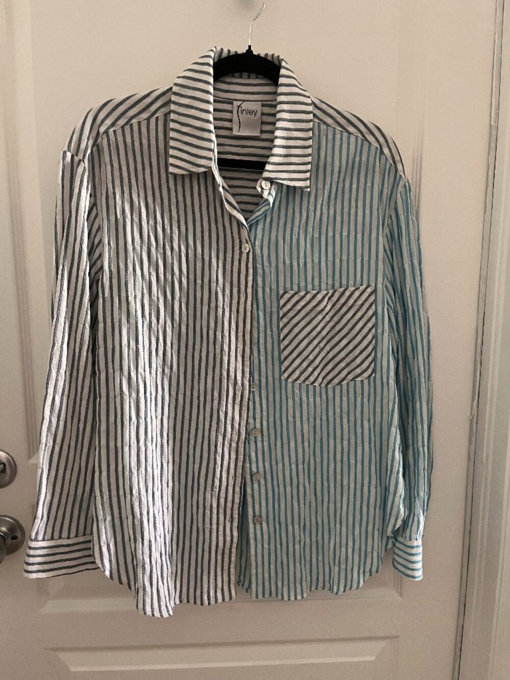 Hilary Navy and turquoise textured stripe shirt with chest pocket